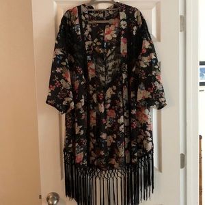 Black floral kimono cardigan with fringe